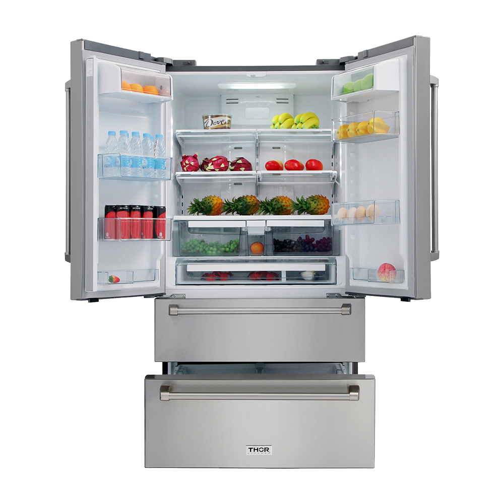 36 in. 4 Door Counter Depth French Door – Freestanding Stainless Steel Refrigerator with Automatic Ice Maker